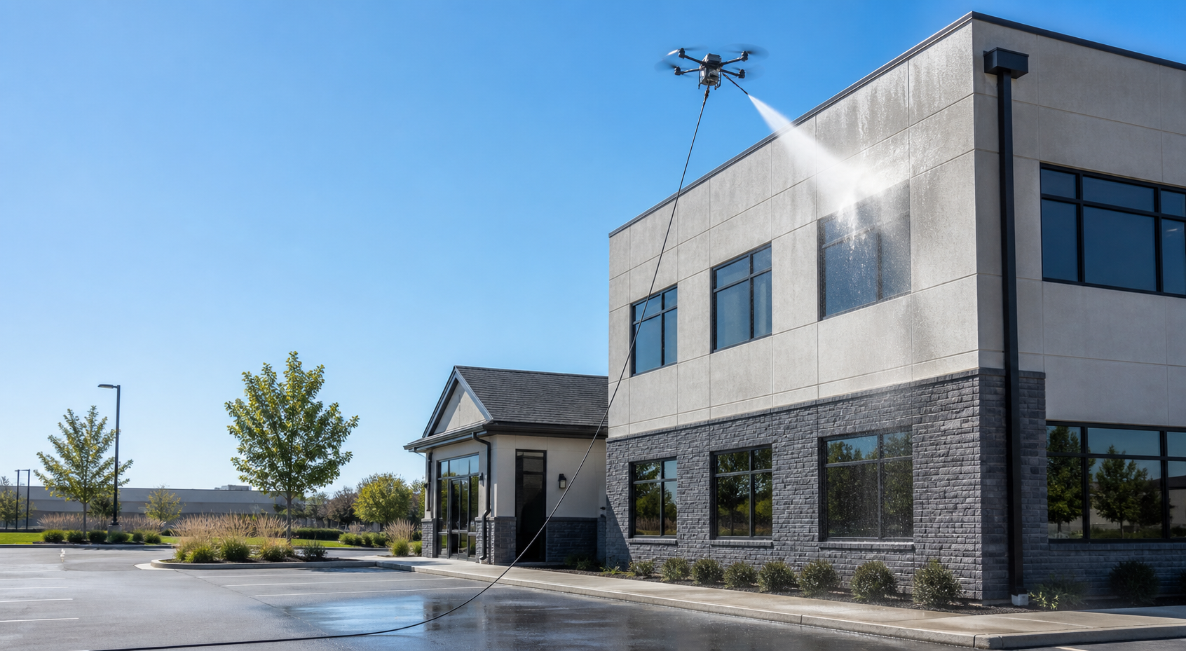 Drone washing the upper exterior of a commercial building